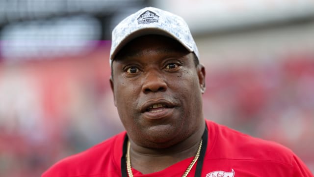 Sep 25, 2023; Tampa, Florida, USA; former Tampa Bay Buccaneers Warren Sapp looks on from the sidelines before a game against the Philadelphia Eagles at Raymond James Stadium. Mandatory Credit: Nathan Ray Seebeck-USA TODAY Sports